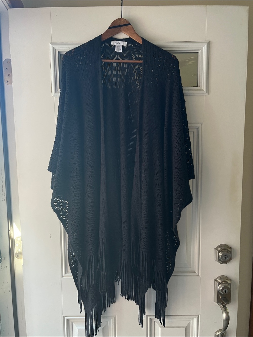 Nine West Black Open-Front Fringe Knit Cardigan